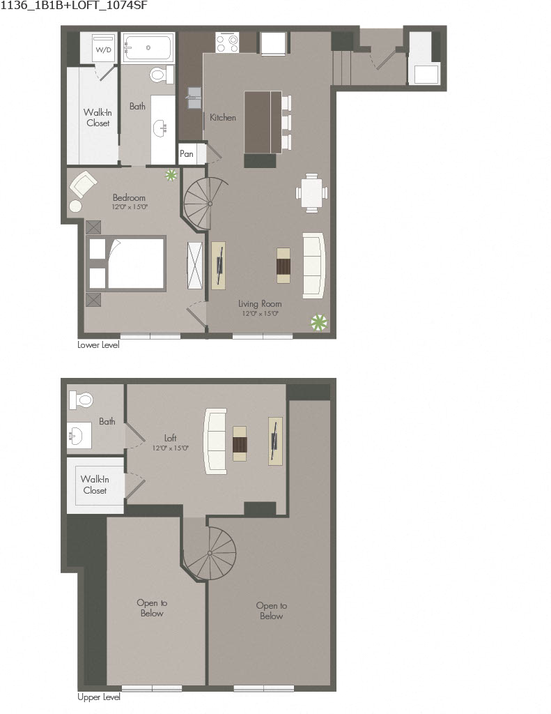 Floor plan for 1 bed, 1 bath, 1074 sqft